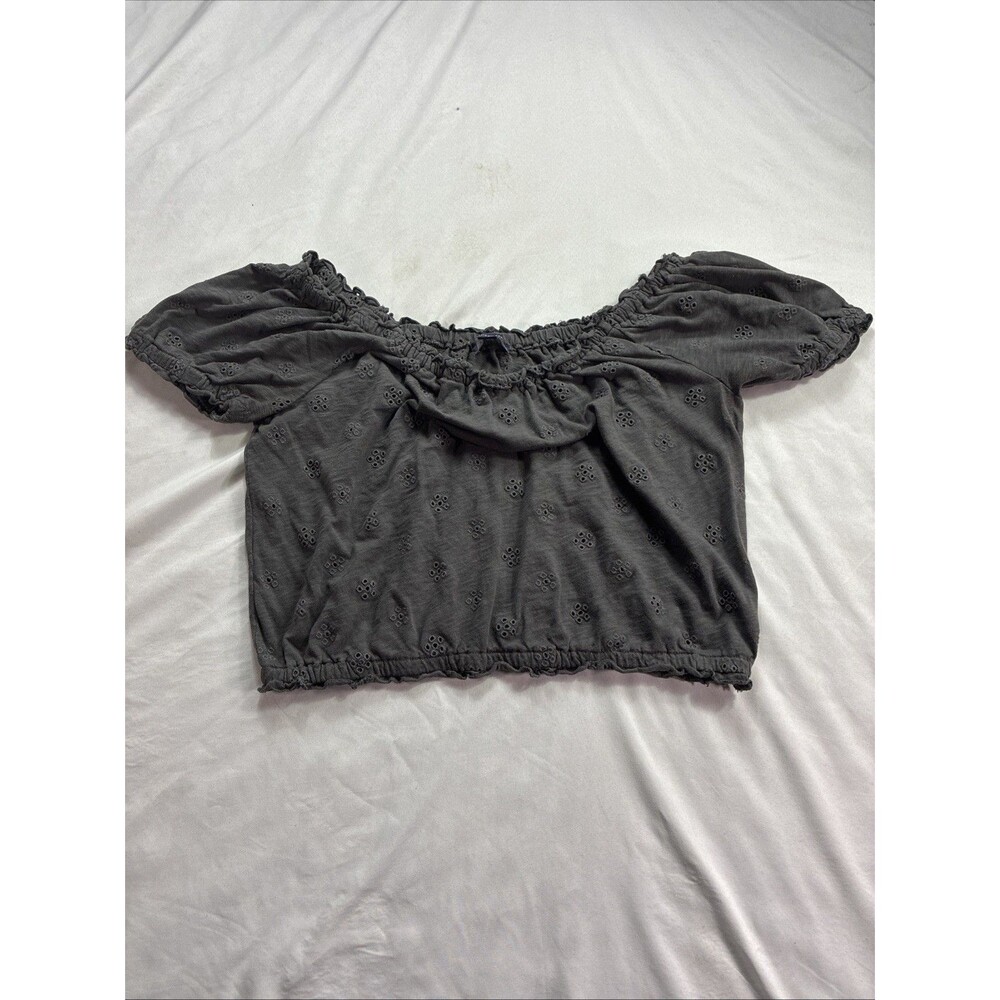 American Eagle Outfitters Charcoal Grey Off-the-Shoulder Eyelet Lace Crop Top